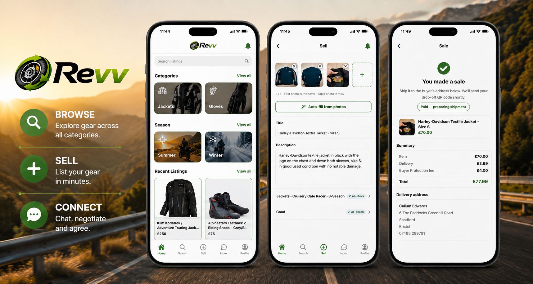 Browse gear, sell in minutes and connect with riders — the Revv Market app shown on three phones